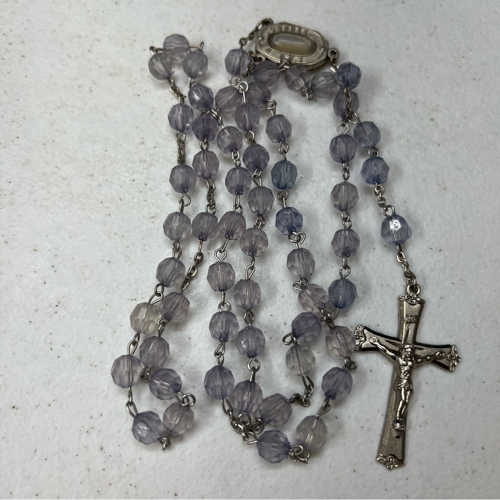Vintage Lourdes Rosary smoky opague Glass beads crucifix Catholic prayer beads